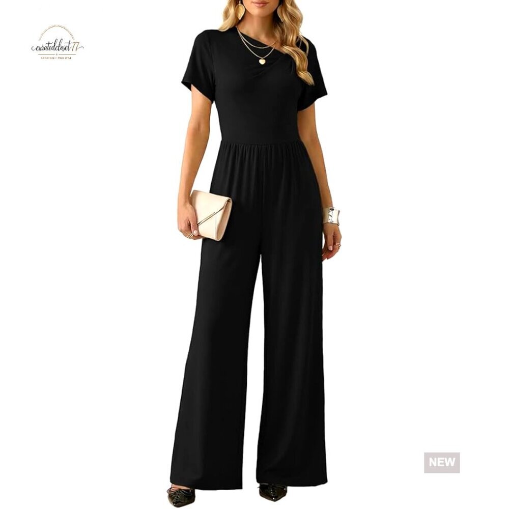 Wide Leg Jumpsuit with Lace Shoulder Panels, Short Sleeve, High Waist